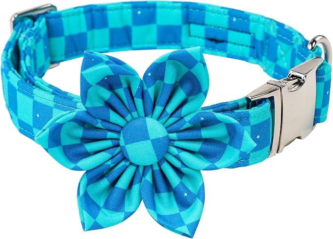 Maca Bates Checkered Plaid Mint Green Blue Dog Grid Collar with Flowers for Dogs Adjustable Breakaway Cute Plaid Collars Accessories Gift for Small Medium Large XL Puppy with Golden Metal Buckle