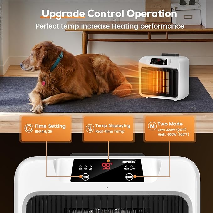 600W Dog House Heater With Time Setting (2 4 8 H), 300/600W 2 Mode Electric Pet Heater for Indoor/Outdoor Use, Livestock Kennel, Cat Cage, Coop in Winter