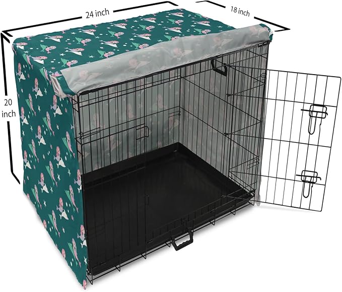 Lunarable Dolphin Dog Crate Cover, Pink Haired Mermaids Swimming with Dolphins Backdrop with Starfish Dots, Easy to Use Pet Kennel Cover for Cats & Medium Dogs, 24 Inch, Jade Green Multicolor