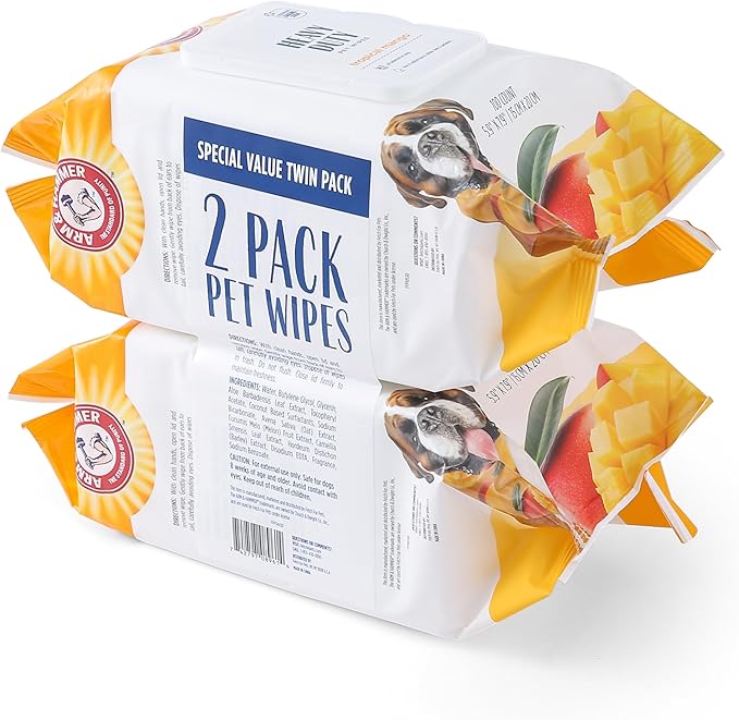 Arm & Hammer for Pets Heavy Duty Multipurpose Bath Wipes for Dogs | All Purpose Dog Wipes Remove Odor & Refresh Skin for Pets | Fruity Mango Scent, Two (2) 100 Count Packs of Pet Wipes