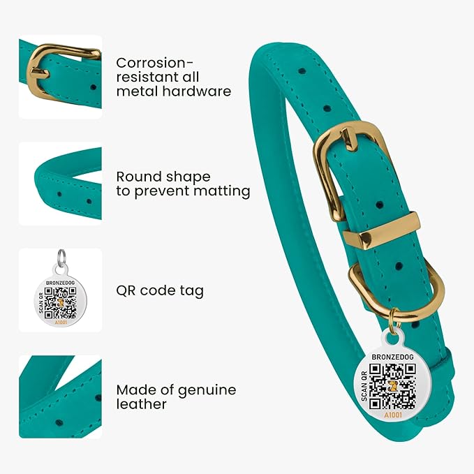 BRONZEDOG Rolled Leather Dog Collar with QR ID Tag Adjustable Soft Round Collars for Small Medium Large Dogs Puppy Cat (16" - 19" Neck Size, Turquoise)