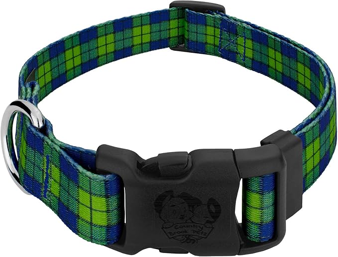Country Brook Petz - Deluxe Blue and Green Plaid Dog Collar - Made in The U.S.A. - Plaid and Argyle Collection Featuring Charming Designs (1/2 Inch, Extra Small)