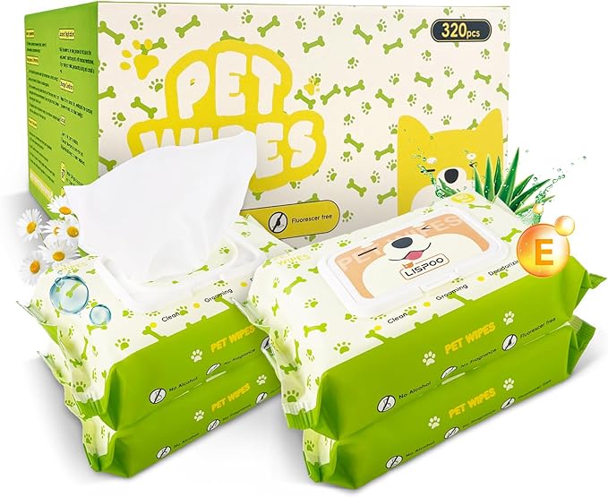 Petux Pet Wipes for Dogs and Cats, Unscented Dog Wipes Cleaning Deodorizing with Aloe Vera & Vitamin E, Soft Skin-Friendly Cat Wipes for Paws, Body, Bum, Fur and Face, 320 Count