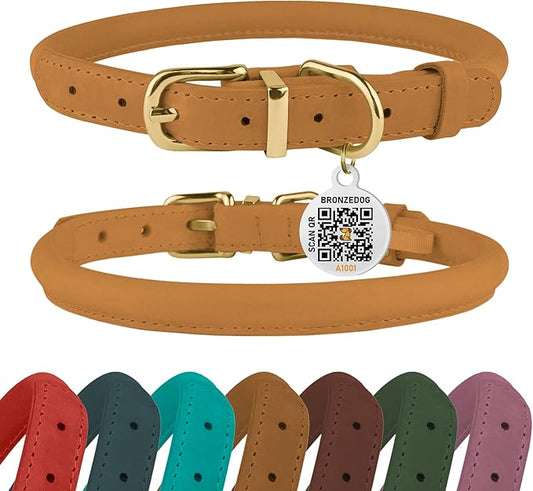 BRONZEDOG Rolled Leather Dog Collar with QR ID Tag Adjustable Soft Round Collars for Small Medium Large Dogs Puppy Cat (14" - 16" Neck Size, Mustard)
