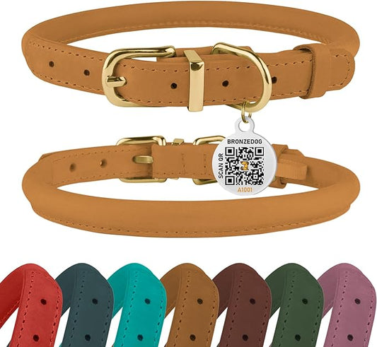 BRONZEDOG Rolled Leather Dog Collar with QR ID Tag Adjustable Soft Round Collars for Small Medium Large Dogs Puppy Cat (12" - 14" Neck Size, Mustard)