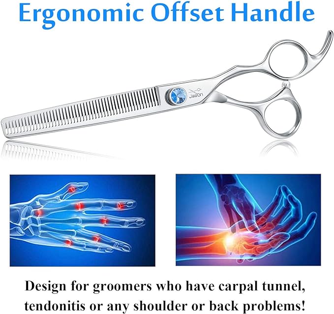 JASON 7" 50 Teeth Thinning Dog Grooming Blending Scissor, Ergonomic Pet Grooming Thinner Blender Shears Cat Trimming Texturizing Kit with Offset Handle and a Jewelled Screw, 30% Thinning Rate