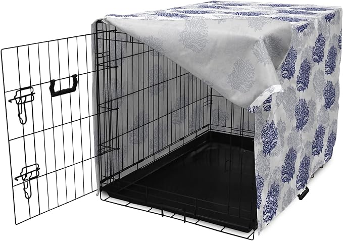 Lunarable Blue Nautical Dog Crate Cover, Demonstration of Coral Sea Plantation Drawings on a Plain Background, Easy to Use Pet Kennel Cover for Cats & Medium Dogs, 24 Inch, Night Blue White