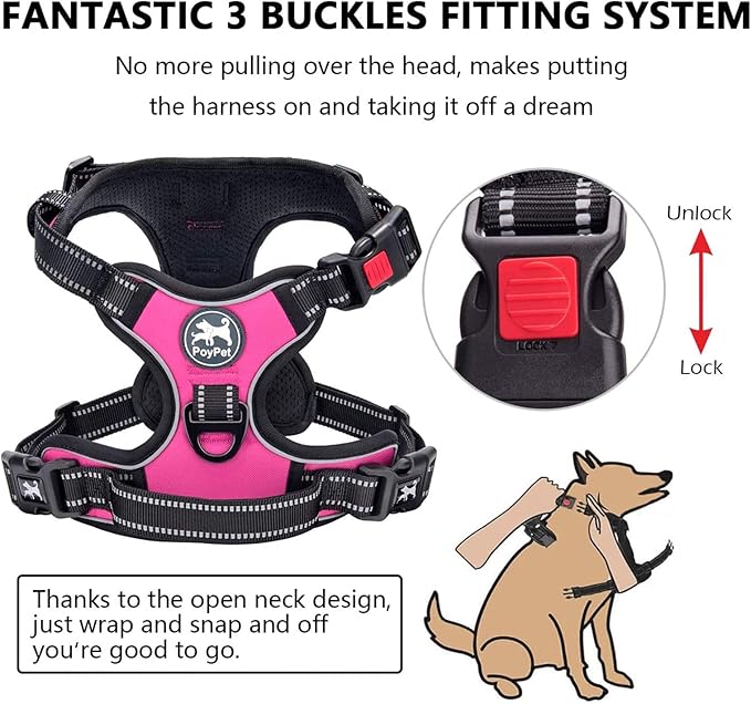 PoyPet No Pull Dog Harness, No Choke Front Lead Dog Reflective Harness, Adjustable Soft Padded Pet Vest with Easy Control Handle for Small to Large Dogs(Pink,S)