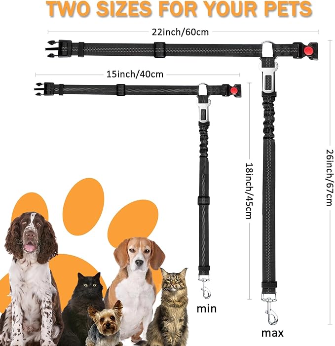 Vehicle Harnesses, 2 in1 Dog Belts for Cars, 2 Pack Pet Harnesses Headrest Restraint Clip Adjustable Dog Car Harness Belt with Anti-Shock Elastic Bungee Buffer for All Vehicles (Black)