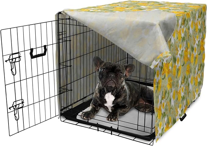 Lunarable Daffodil Dog Crate Cover, Vintage Inspirations Floral Arrangement Pattern Romantic Bouquet Nature, Easy to Use Pet Kennel Cover for Cats & Medium Dogs, 24 Inch, Green Marigold White