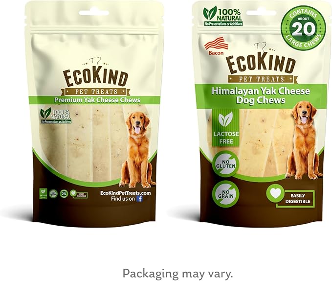 EcoKind Premium Gold Yak Cheese Himalayan Dog Chews, Dog Treats Large Breed, All Natural, High Protein Dog Chew, Bacon, Large - 20+ Chews (5 lbs)
