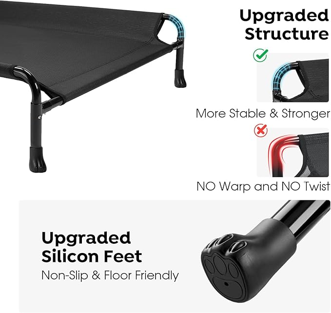 Veehoo Cooling Elevated Dog Bed, 59" x 37" Raised Dog Beds for Large Dogs, Outdoor Dog Bed with Guardrail, Upgraded Non-Slip Feet, Breathable Teslin Mesh, Portable Camping Dog Cot, Black