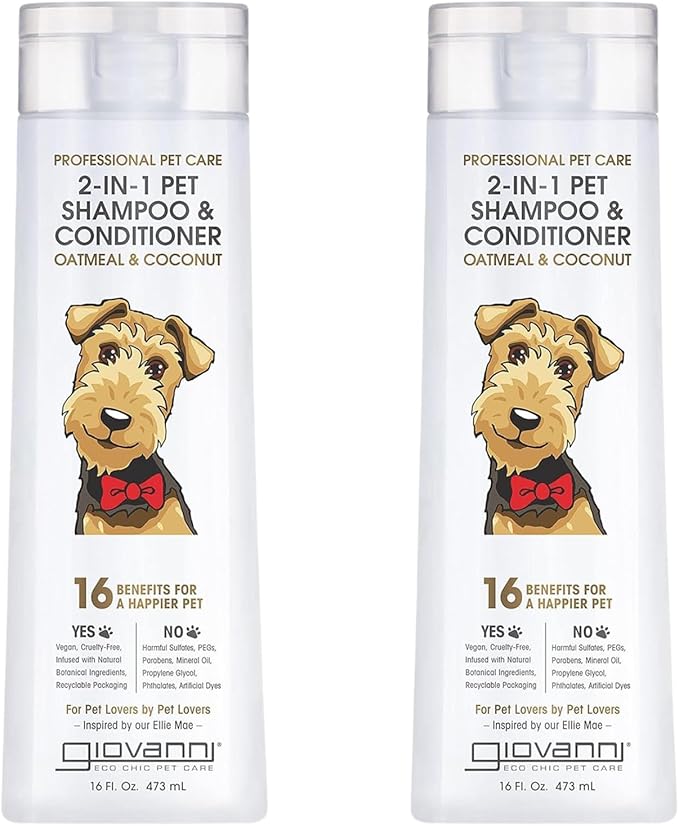 GIOVANNI Professional 2-in-1 Pet Shampoo & Conditioner - for Dogs & Cats, Oatmeal & Coconut, Helps Neutralize Odors, Deeply Cleanses, Silkens, Controls Static - 16 oz (Pack of 2)