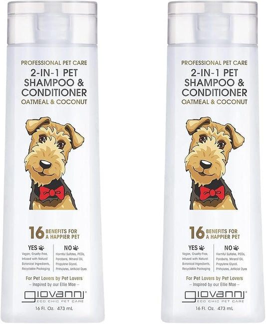 GIOVANNI Professional 2-in-1 Pet Shampoo & Conditioner - for Dogs & Cats, Oatmeal & Coconut, Helps Neutralize Odors, Deeply Cleanses, Silkens, Controls Static - 16 oz (Pack of 2)
