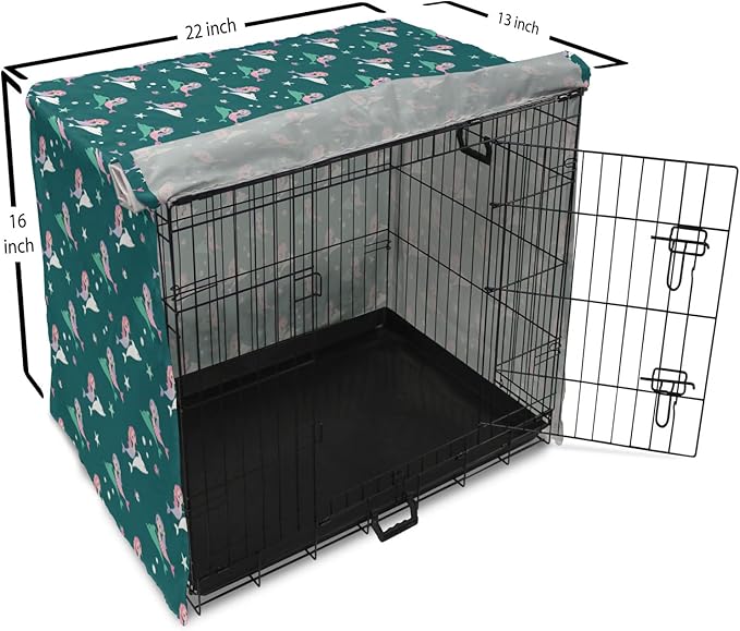 Lunarable Dolphin Dog Crate Cover, Pink Haired Mermaids Swimming with Dolphins Backdrop with Starfish Dots, Easy to Use Pet Kennel Cover for Small Dogs Puppies Kittens, 22 Inch, Jade Green Multicolor
