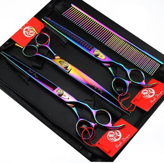 Purple Dragon 7.0"/8.0" 3 in 1 Top-Level Professional Pet Grooming Thinning or Chunker Scissors - Downward Curved Shears and Dog Hair Cutting Scissor - Pet Groomer