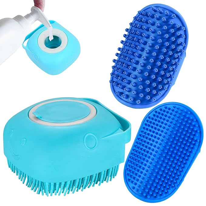 Dog Bath Set - Silicone Massage Brush, Shampoo Dispenser, and Scrubbers for Short & Long Hair Pet Grooming