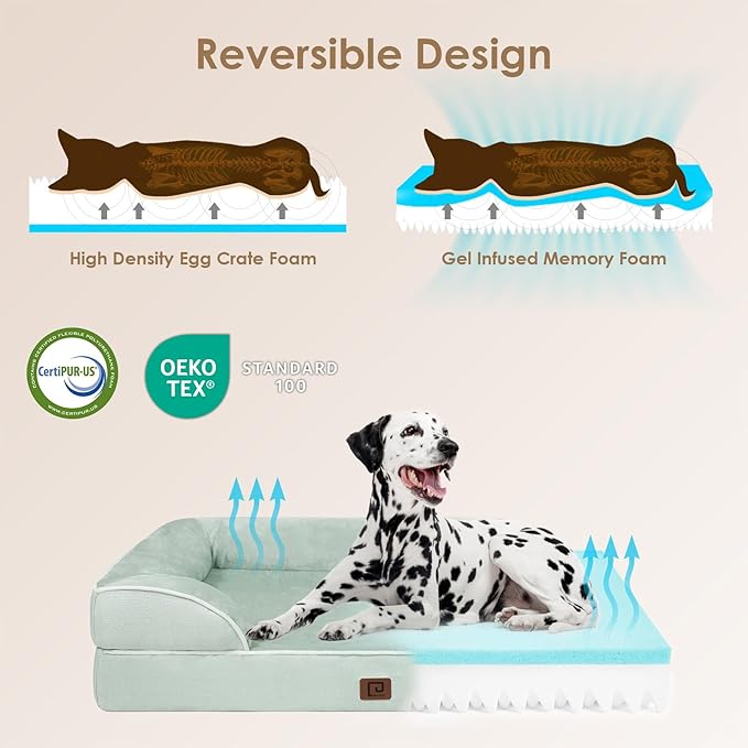 EHEYCIGA Orthopedic XL Dog Beds, Waterproof Memory Foam Dog Bed for Extra Large Dogs, Non-Slip Bottom and Egg-Crate Foam Big Dog Couch Bed with Washable Removable Cover, Sage Green