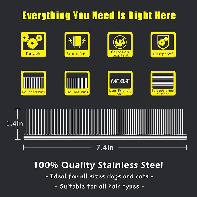 Kopal Stainless Steel Comb Set for Dogs and Cats, Pet Metal Brusher, Silver, Pack of 3