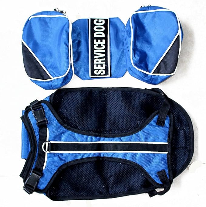 Service Dog Harness, Saddle Bag Backpack Carrier Outdoor Travel Hiking Camping Harness, Removable Saddle Bags and Patches (Blue, S Girth 16-20")