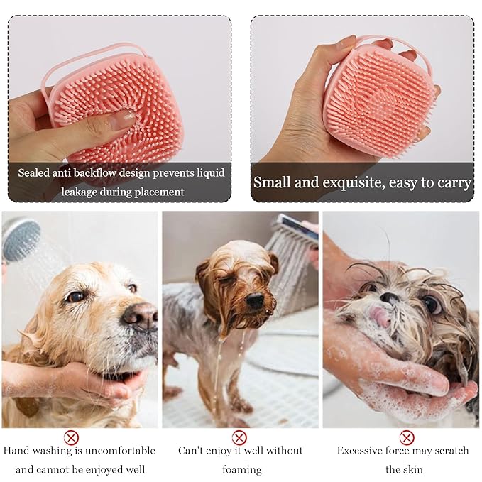 Dog Cat Bath Brush Comb Silicone - Pet Brush for Cats Dogs With Soap Dispenser Grooming Cleaning, Pink