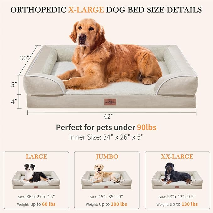 XL Dog Beds for Extra Large Dogs, Waterproof Orthopedic Dog Bed with Bolster, Washable Dog Bed Sofa with Removable Cover & Non-Slip Bottom(X-Large,Beige)