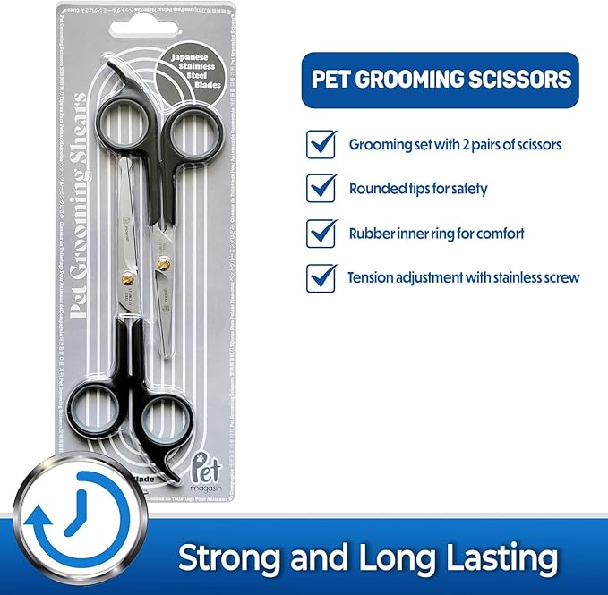 Pet Magasin Japanese Stainless Steel Grooming Scissors (2) for Facial Hair and Larger for Body Trimming with Round Tip (Black)