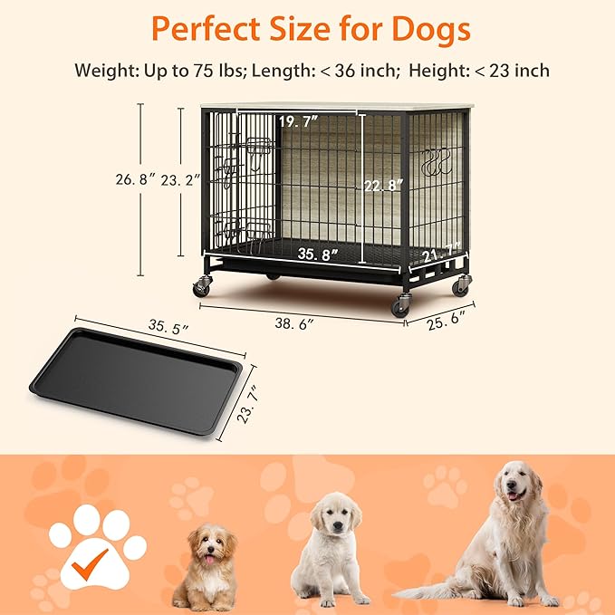 Dog Crate Furniture, 38.6" Modern Double-Door Dog House with Pull-Out Tray, Heavy-Duty Wooden Kennel & Removable Wheels, Side Table for Large Dog Sizes, Rustic Gray