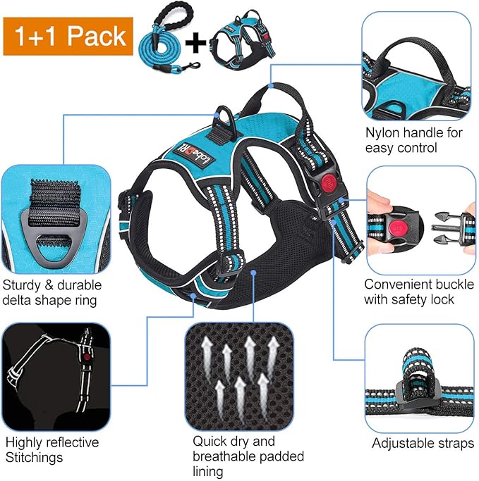 tobeDRI No Pull Dog Harness Adjustable Reflective Oxford Easy Control Medium Large Dog Harness with A Free Heavy Duty 5ft Dog Leash