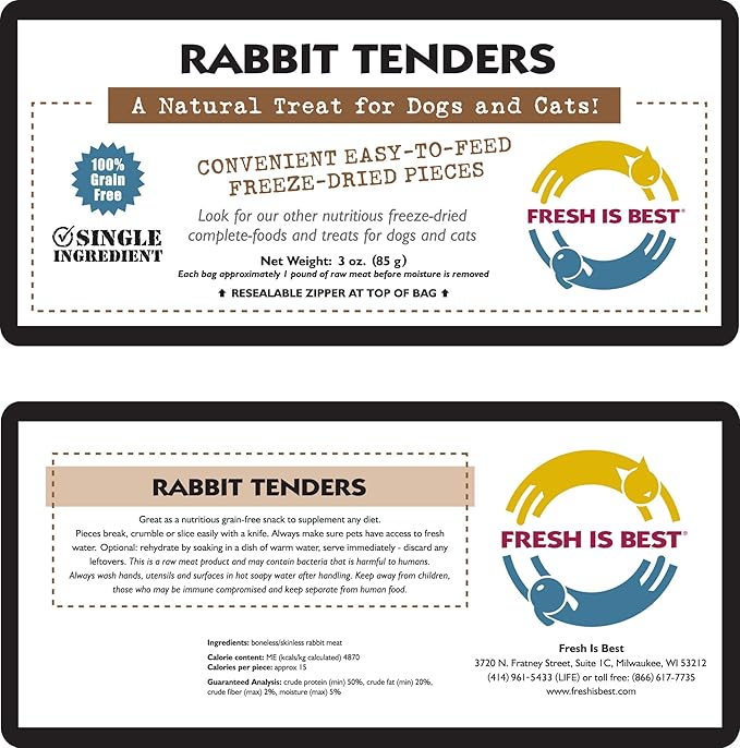 Fresh Is Best - Freeze Dried Healthy Raw Meat Treats for Dogs & Cats - Rabbit Tenders