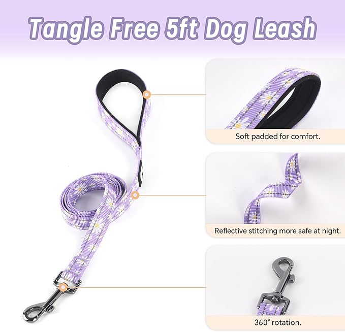Dog Harness Leash Set, No Pull Adjustable Halter Cute Comfort Padded Handle for Medium Sized Large Small Dogs Walking Training Running with Reflective（XSmall,Purple）