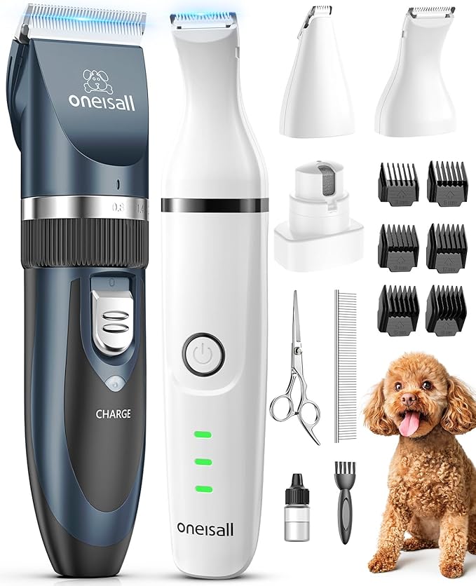 oneisall Dog Clippers and Dog Paw Trimmer Kit 2 in 1 Low Noise Cordless Dog Clippers for Grooming Pet Hair Trimmers for Small and Large Dogs Cats Animals