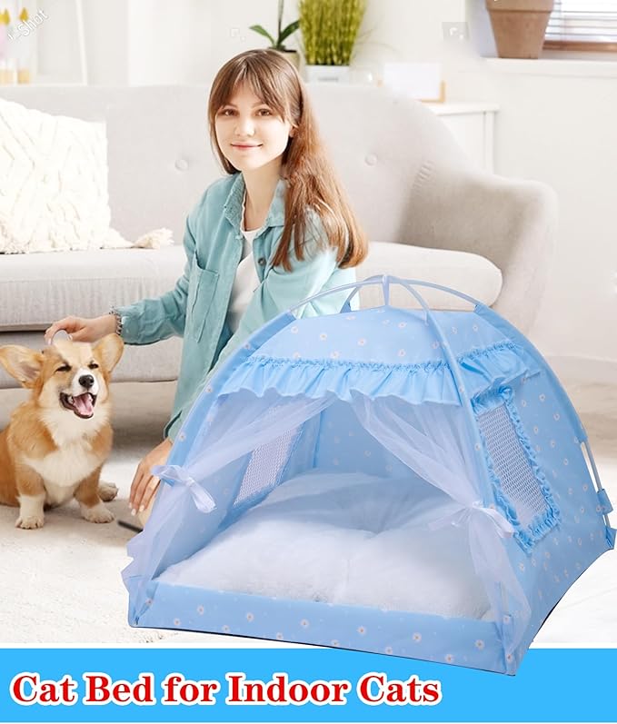 Cat Princess Bed Tent House - Kitty Cute Tent Indoor,Small Dog House Indoor/Outdoor Cave Nest Bed Small Dog Tent for Cat,Puppy Tent (19.6"x19.6"x17.7"/Blue)