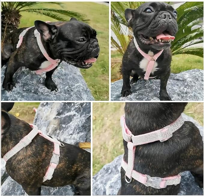 Dog Reflective Rhinestone Harness, No Pull Adjustable D-Ring Harness Walking Harness for Small Meduim Large Dog(Pink,M)