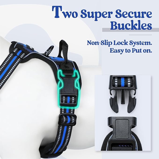 rabbitgoo Dog Harness for Large Dogs No Pull, Comfortable Padded Plaid Dog Harness with Handle Easy Control, Adjustable Reflective Puppy Pet Harness Vest with 2 Leash Clips, Blue Plaid, L