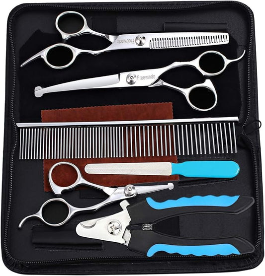 Dog Grooming Scissors Kit, Safety Round Tip, Heavy Duty Stainless Steel Dog Scissors and Dog Nail Clippers for Grooming Full Body