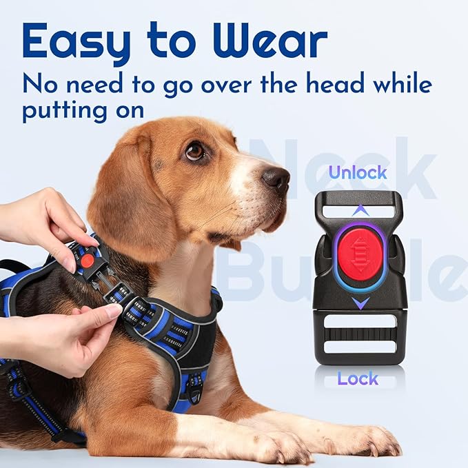 Eagloo Dog Harness Medium Sized, Easy Wearing with 3 Buckles, Adjustable No Pull Pet Harness with 2 Rings for Walking, No Chock Reflective Soft Padded Vest with Control Handle, Blue & Black, M