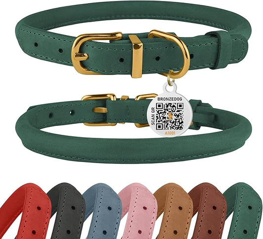 BRONZEDOG Rolled Leather Dog Collar with QR ID Tag Adjustable Soft Round Collars for Small Medium Large Dogs Puppy Cat (Emerald Green, 11" - 14 1/2" Neck Size)