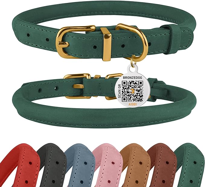 BRONZEDOG Rolled Leather Dog Collar with QR ID Tag Adjustable Soft Round Collars for Small Medium Large Dogs Puppy Cat (16" - 19" Neck Size, Emerald Green)