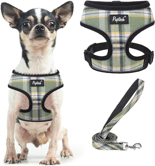 PUPTECK Soft Mesh Dog Harness and Leash Set Pet Puppy Cat Comfort Padded Vest No Pull Harnesses, Green/Yellow, XS