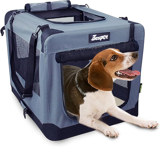 JESPET Soft Dog Crates Kennel for Pets, 3 Door Soft Sided Folding Travel Pet Carrier with Straps and Fleece Mat for Dogs, Cats, Shale Green, 36'' (2-Grey, X-Large(36" L x 24" W x 27" H))