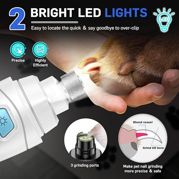 Dog Nail Grinder Super Quiet Dog Nail Trimmers 3 Grinding Wheels 3 Speed Rechargeable Pet Nail Grinder LED Display Dog Nail Clippers Kit for Large Medium Small Dogs Cats Dog Nail File Toenail Clippers