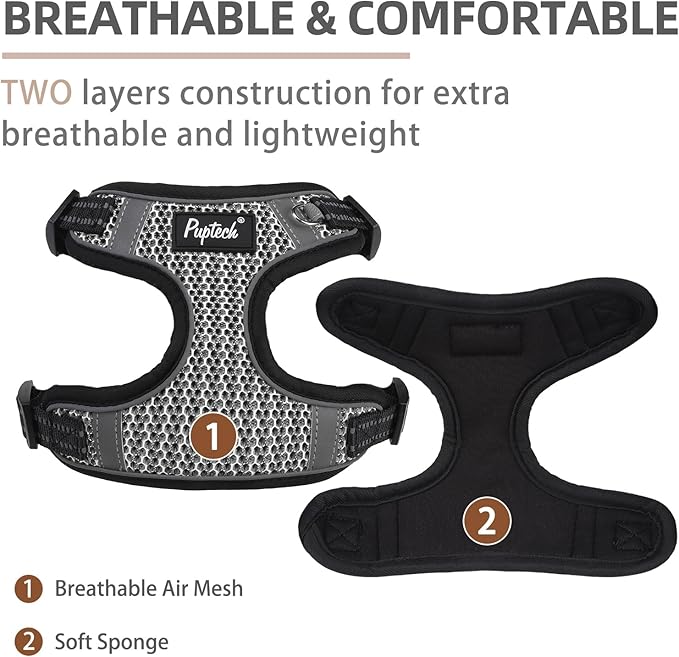PUPTECK No Pull Dog Harness and Leash Set Reflective No Choke Step in Puppy Halter for XS Small and Medium Sized Dogs, Grey, Breathable Mesh, S