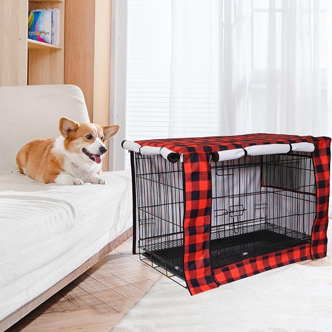 Pethiy Dog Crate Cover Durable Polyester Pet Kennel Cover Universal Fit for Wire Dog Crate - Fits Most 30 inch Dog Crates - Cover only-Red Plaid-30