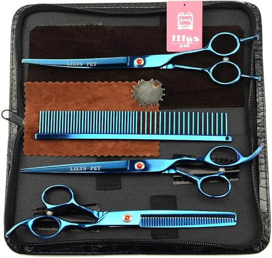 LILYS PET Professional PET Grooming scissors Kit,Coated Titanium,Sharp and Strong Stainless Steel Blade for Dogs Cats Hair Cutting,3 Pieces of Scissors with a Comb and a Case (7.5 inches, Blue)