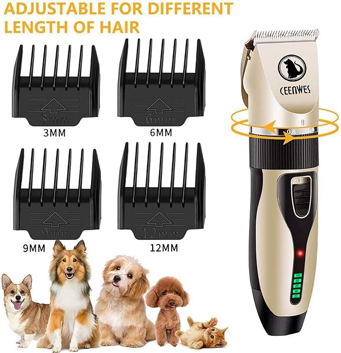 Power Display Dog Clippers Cordless Dog Grooming Kit Professional Horse Clippers Detachable Blade with 4 Comb Guides, Low Noise Pet Clippers Rechargeable Pet Grooming Tools for Dogs Cats Pets