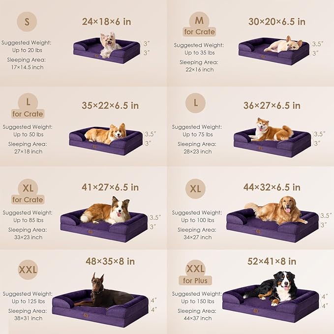 EHEYCIGA Orthopedic Dog Beds for Extra Large Dogs, Waterproof Memory Foam XL Dog Bed with Sides, Non-Slip Bottom and Egg-Crate Foam Big Dog Couch Bed with Washable Removable Cover, Purple