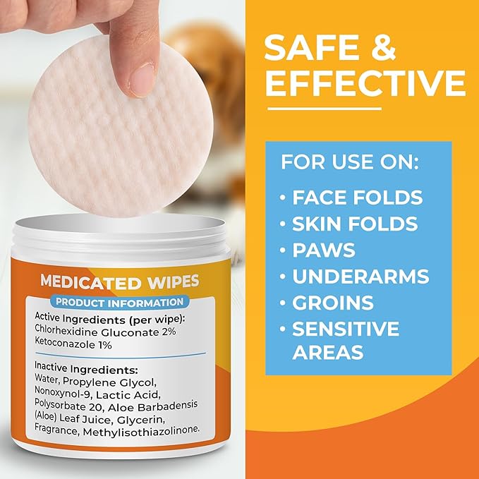 Antibacterial & Antifungal Medicated Wipes for Dogs and Cats – 100 Count - Chlorhexidine Wipes with Ketoconazole for The Treatment of Rashes, Skin Infections, Itchy Paws, and Pet Acne