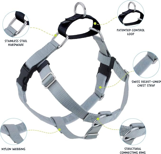 2 Hounds Design Freedom No Pull Dog Harness | Comfortable Control for Easy Walking |Adjustable Dog Harness and Leash Set | Small, Medium & Large Dogs | Made in USA | Solid Colors | 5/8" SM Silver