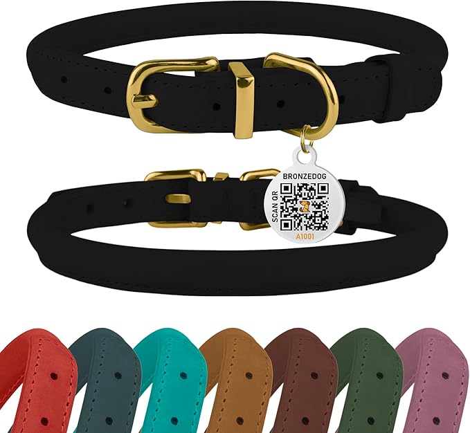 BRONZEDOG Rolled Leather Dog Collar with QR ID Tag Adjustable Soft Round Collars for Small Medium Large Dogs Puppy Cat (16" - 19" Neck Size, Black Night)